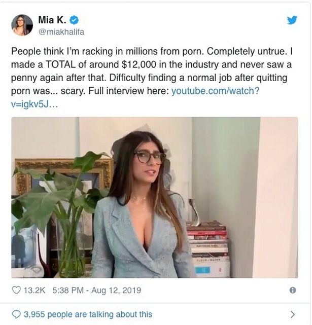 0 Mia Khalifa claims she only made 12k from her porn career