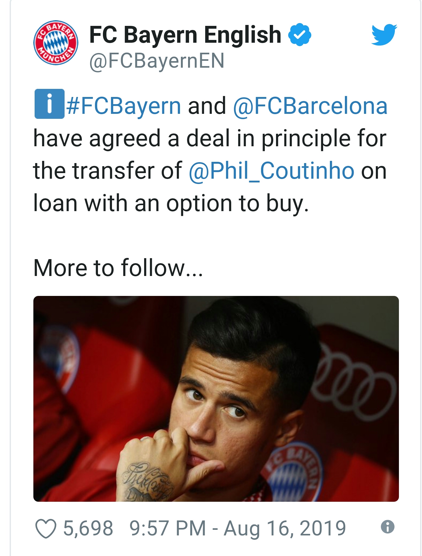 Bayern sign Philippe Coutinho from Barcalona for a year on loan