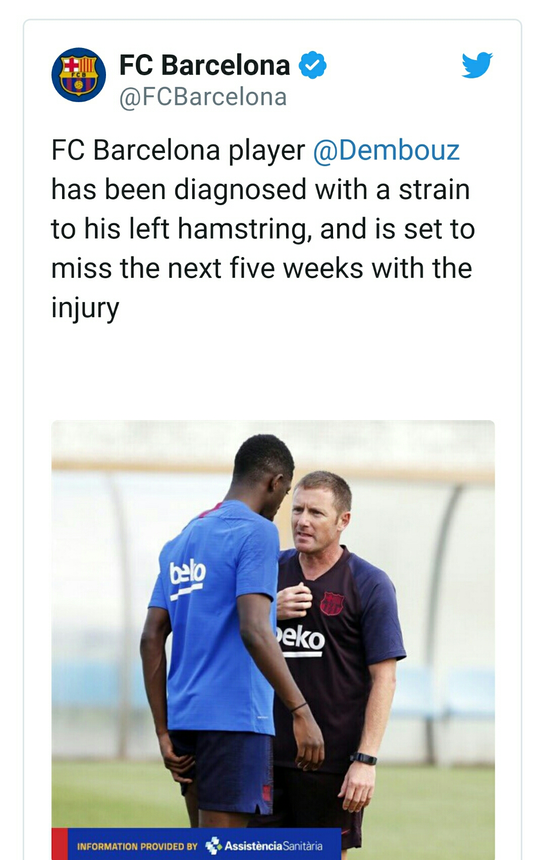 Dembele ruled out for five weeks due to hamstring injury 
