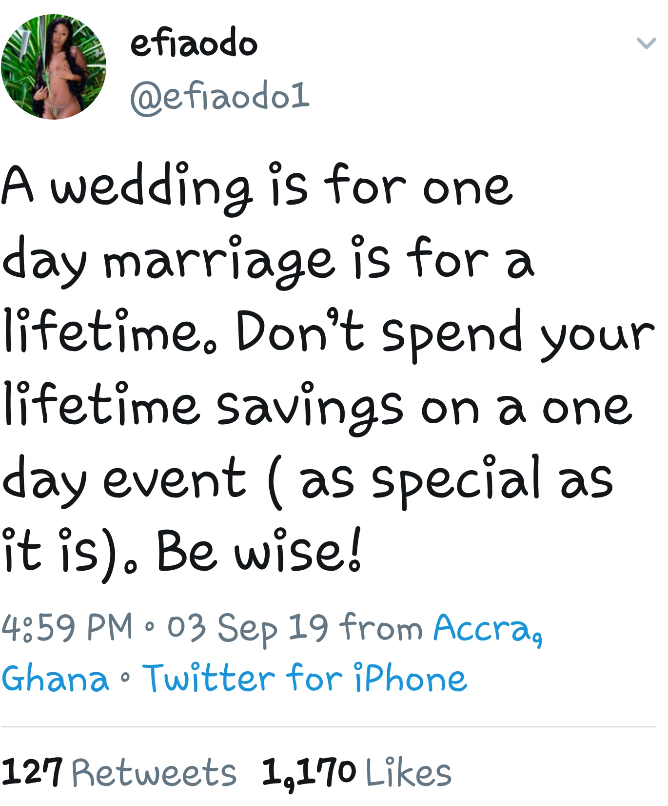 Don't spend all your life time savings on one event- Efia Odo advices would be couples