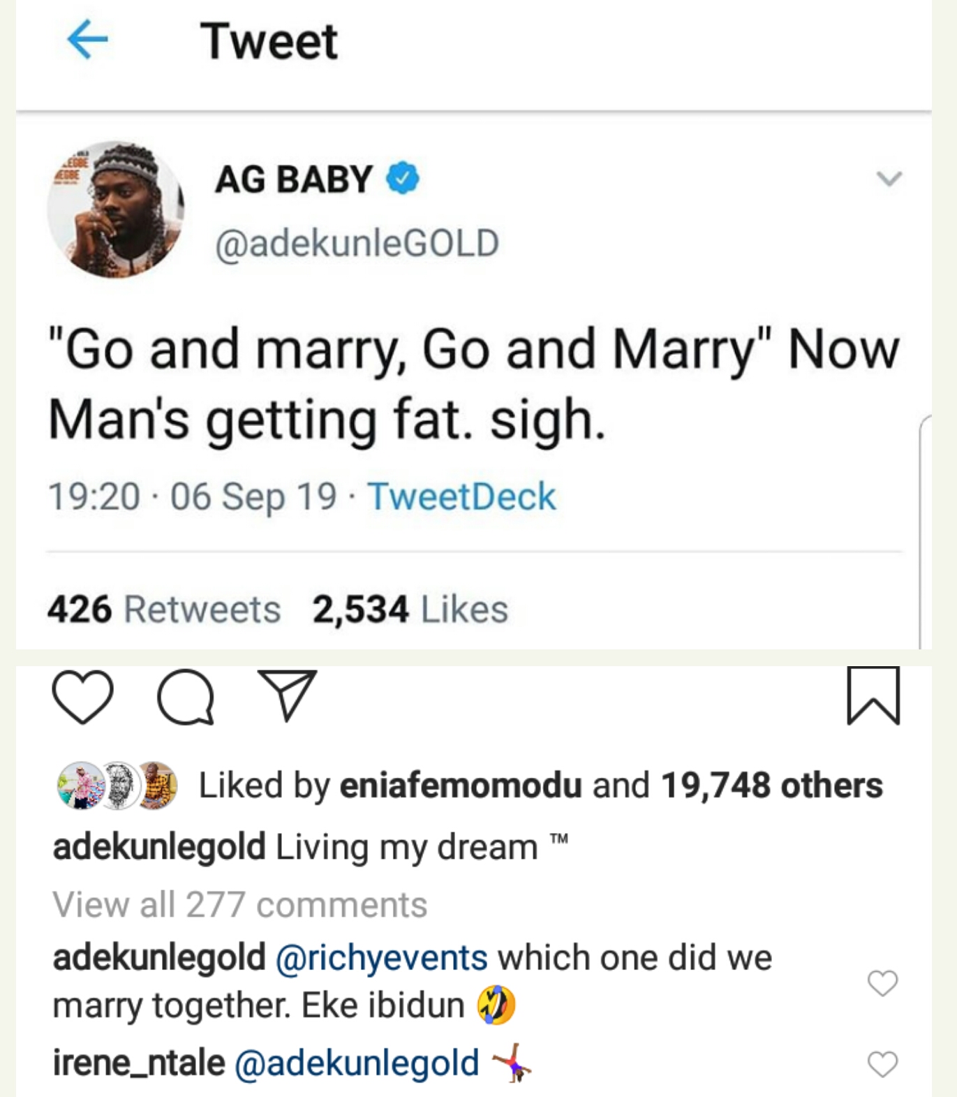 Adekunle Gold complains of gaining weight after getting married