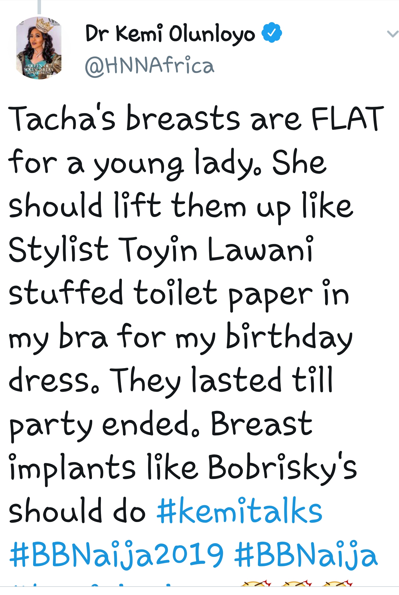 Kemi Olunloyo reveals that Toyin Lawani Stuffed Toilet Paper In her Bra for her Birthday Dress