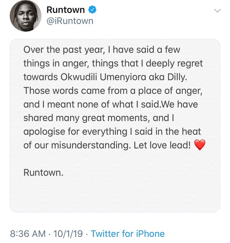Runtown apologizes to former record label boss Prince Okwudili Umenyiora