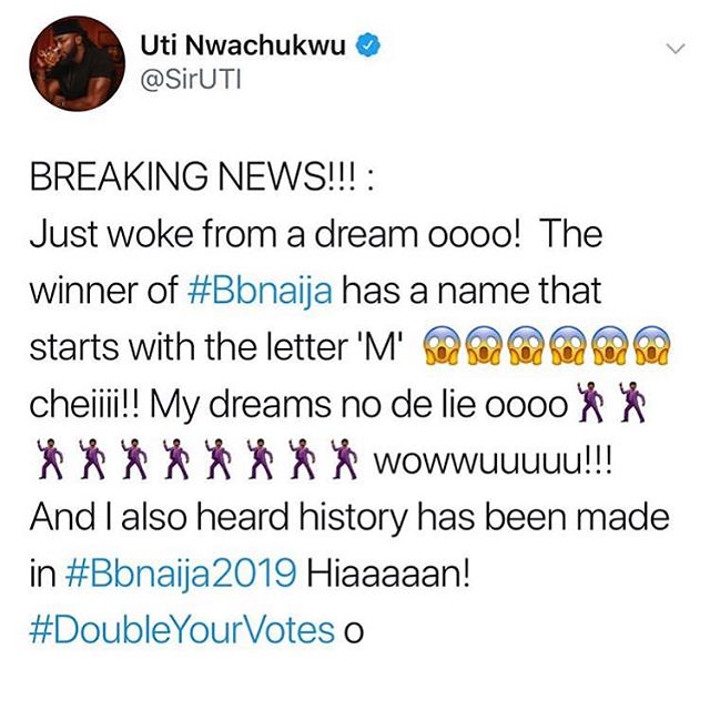 Actor Uti Nwachukwu reveals eventual winner of BBNaija 