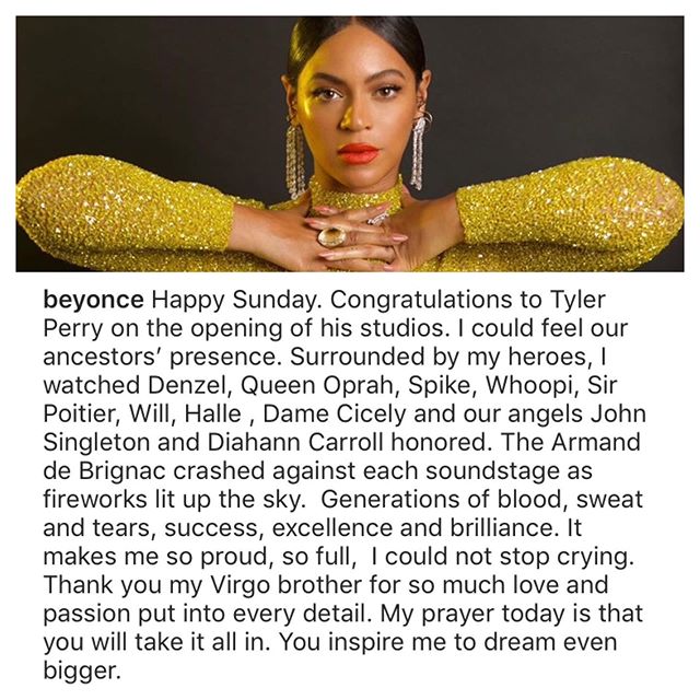 Beyonce is celebrating Tyler Perry on his studio launch 