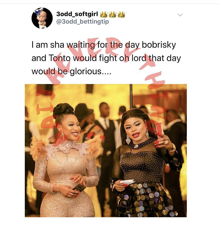 Twitter user patiently await cleft between bobrisky and her bestie Tonto dikeh (screenshot) 2 D82E979F DB4E 4C52 B55C 96942A3903C7