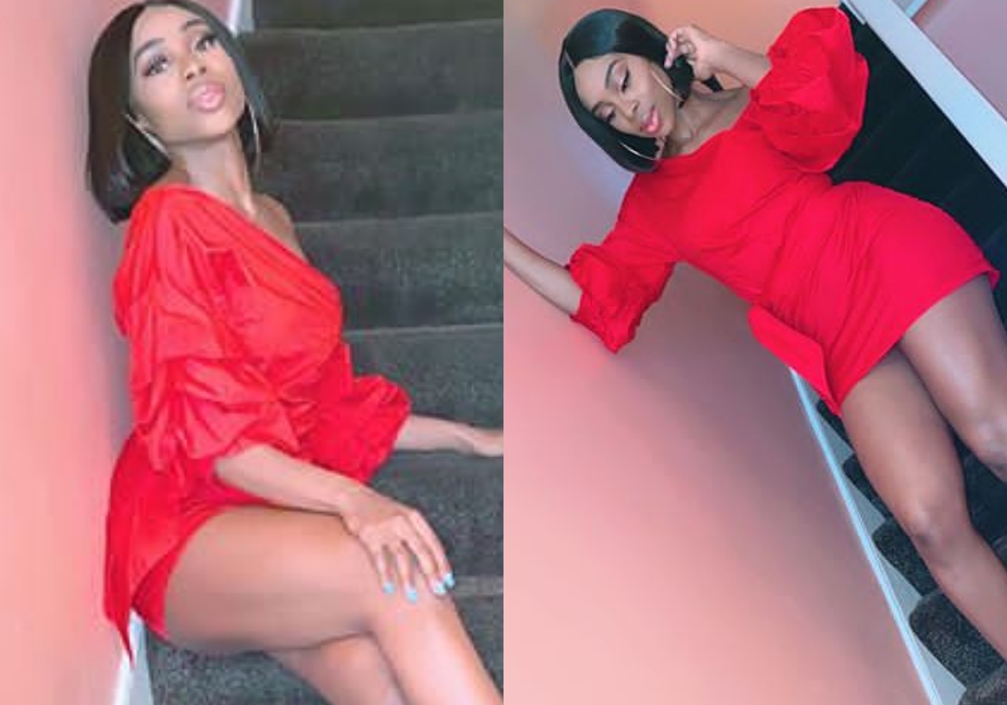 Olamide's baby mama, Maria Okan flaunt hot legs in sexy red gown (Photos)