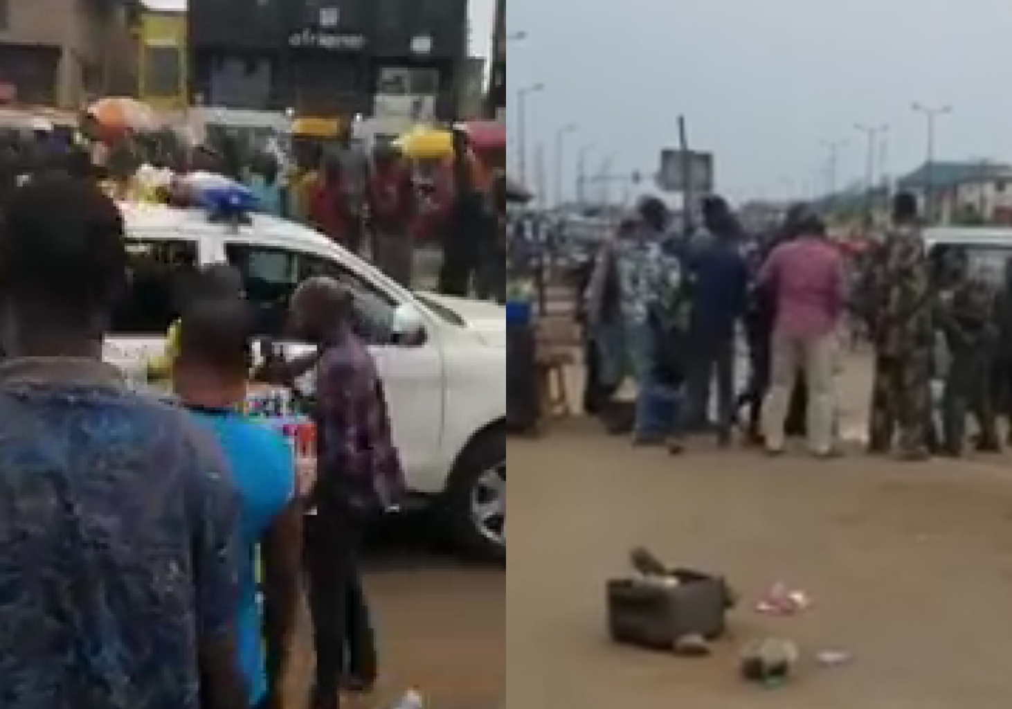 Moment 6 Policemen try to seize innocent woman bag of rice before a soldier (Video)