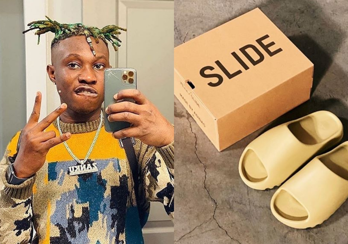 Singer Zlatan Ibile called out by fans for wearing fake Yeezy slides (Photo)