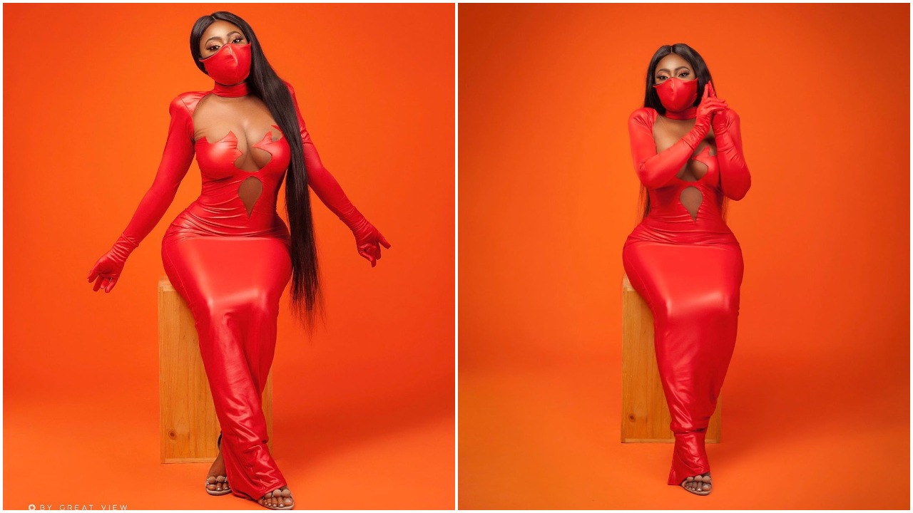 Actress Yvonne Jegede Stuns In a Red Cleavage-baring Latex Dress With Matching Nose Masks
