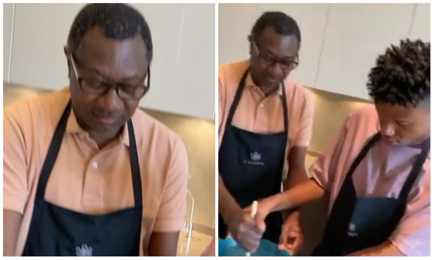 Billionaire Femi Otedola shows off cooking skills alongside his son, Fewa (Video)
