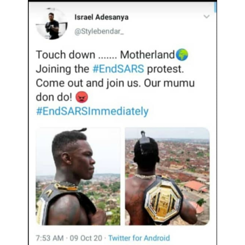 UFC Champion, Isreal Adesanya touch down in Nigeria to join EndSars protest 2 PhotoGrid Plus 1602302797371